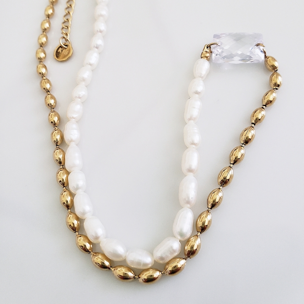 18k gold trendy zirconia natural pearl necklace